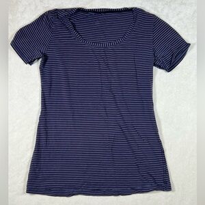 Lululemon Size 8 Classic Scoop Hoop Neck Purple Black Stripe Shirt EUC ALO Lulu
